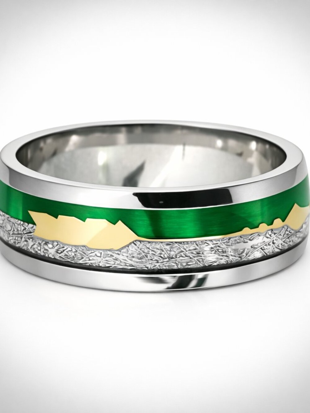 New Size 11 Silver 8mm Stainless Steel Ring Green & Cracked Silver Inlay Unisex